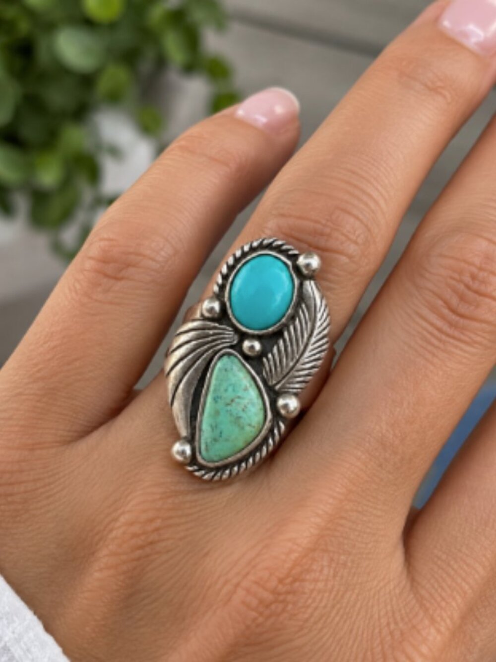 Carolyn Pollack Silver Ring with Turquoise Teardrop and Oval Stones